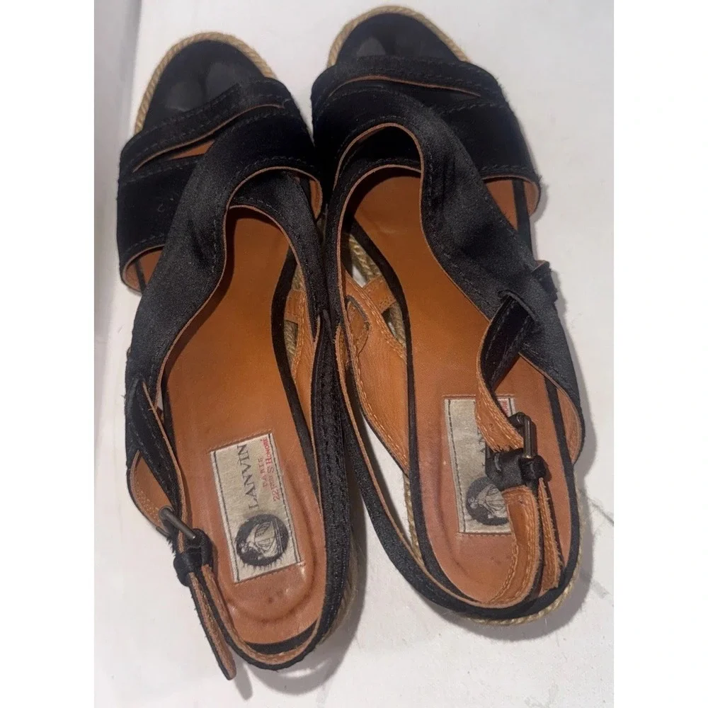 Vintage Y2K Lanvin Black Leather Platform Wood Jute Espadrille Wedge Shoes 40